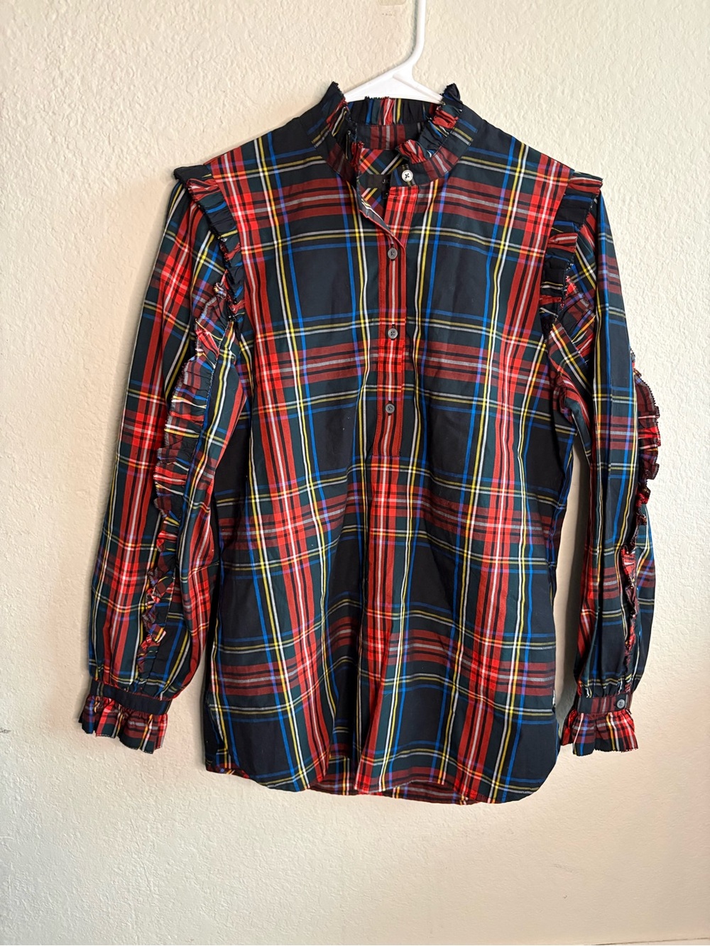 J. Crew Red & Navy Plaid Ruffle Button-Down Shirt